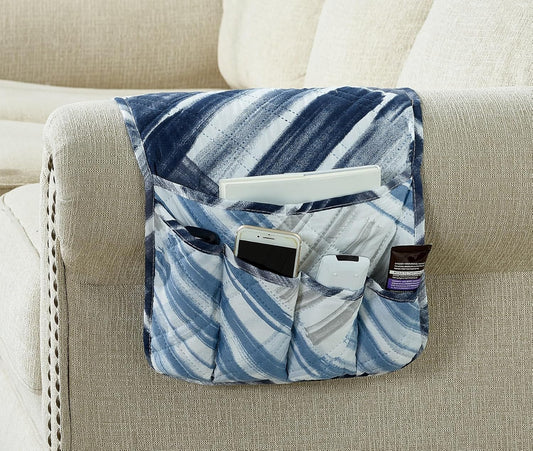 Brilliant Sunshine Blue Grey Stripes Patchwork Couch Armrest 5 Pockets Organizer, Slip Resistant Recliner Armchair Caddy, Washable Remote Controls Holder, Storage for Magazine, Tablet, iPad, Blue Grey