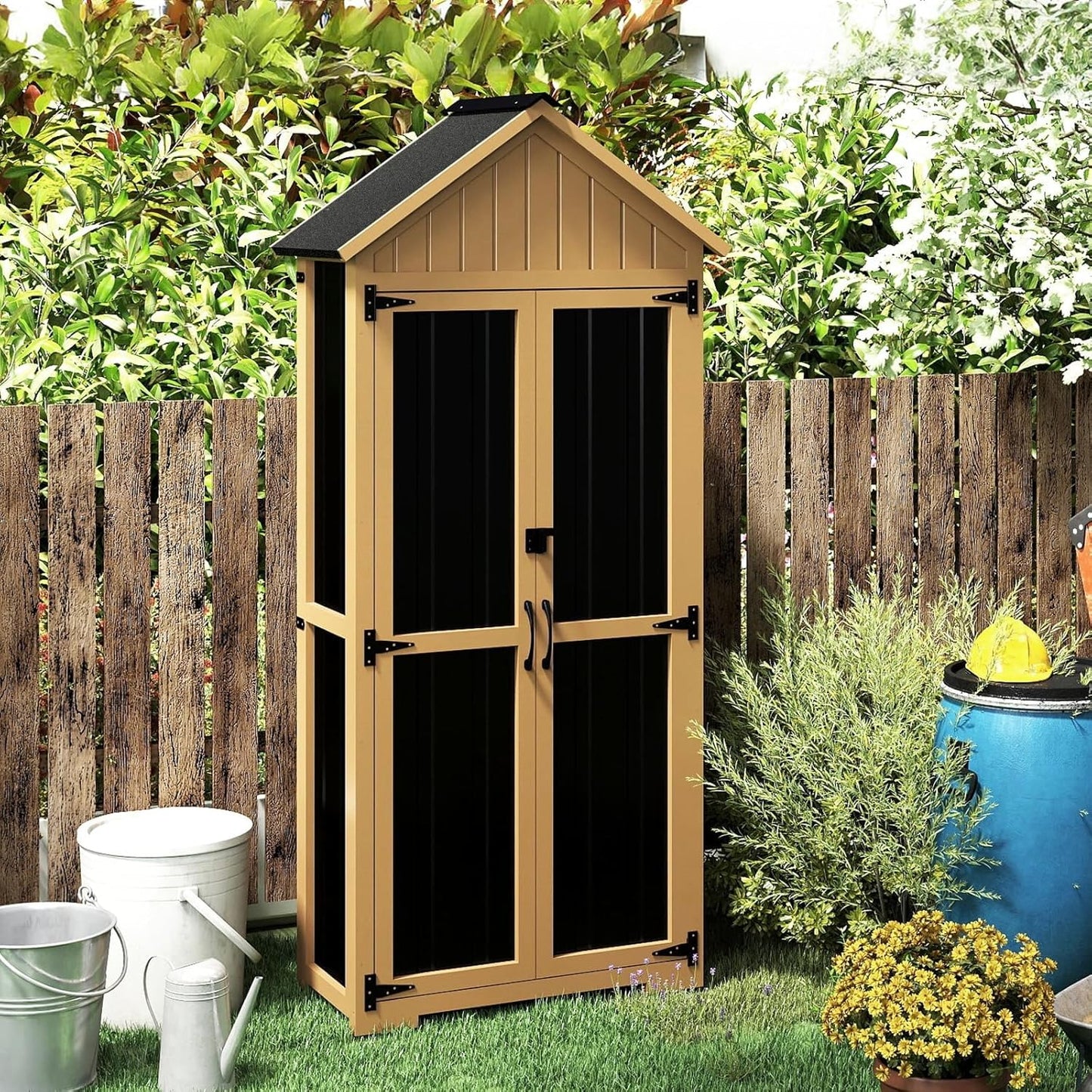 Outdoor Storage Cabinet with Shelf, Wood & Metal Storage Shed with Lockable Doors & Sloping Roof, Outdoor Cabinets for Patio Backyard, Garden Shed Tool Shed and Accessories, Brown
