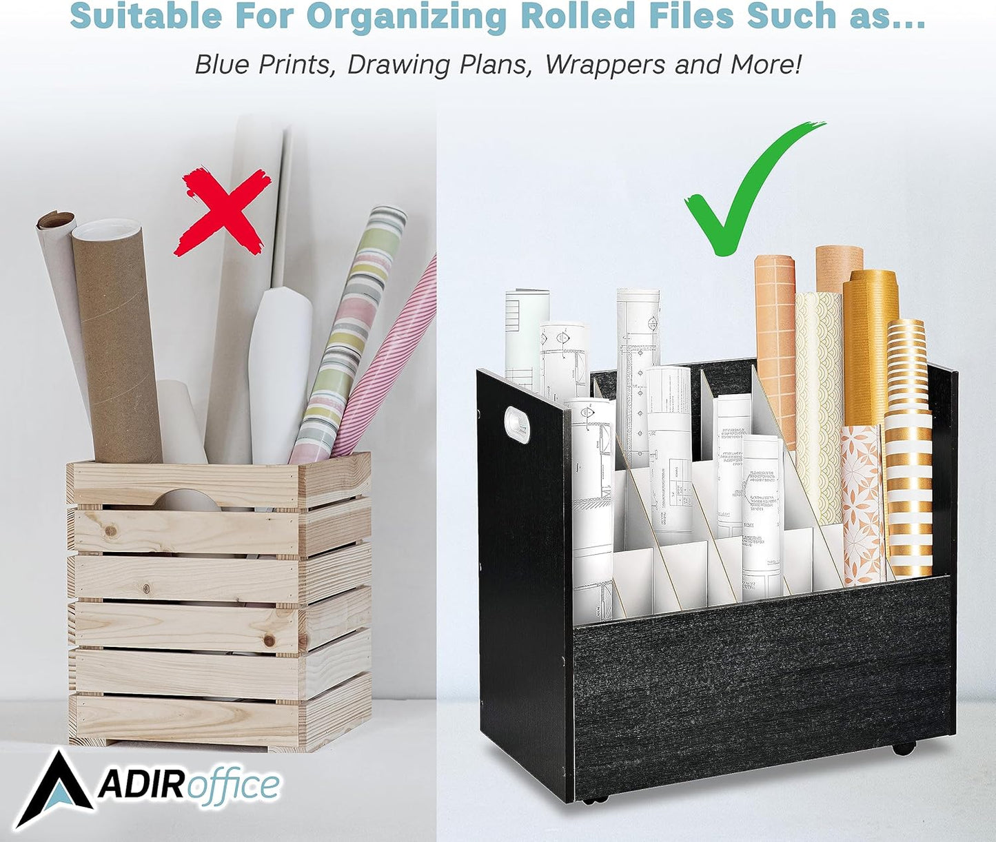 AdirOffice Adir Blue Print Storage Organizer - Mobile Roll File Cart, Construction Plan Holders, Blueprint Cabinet with Wheels, Roll Files Storage for Office and Home (21 Slots, Black)