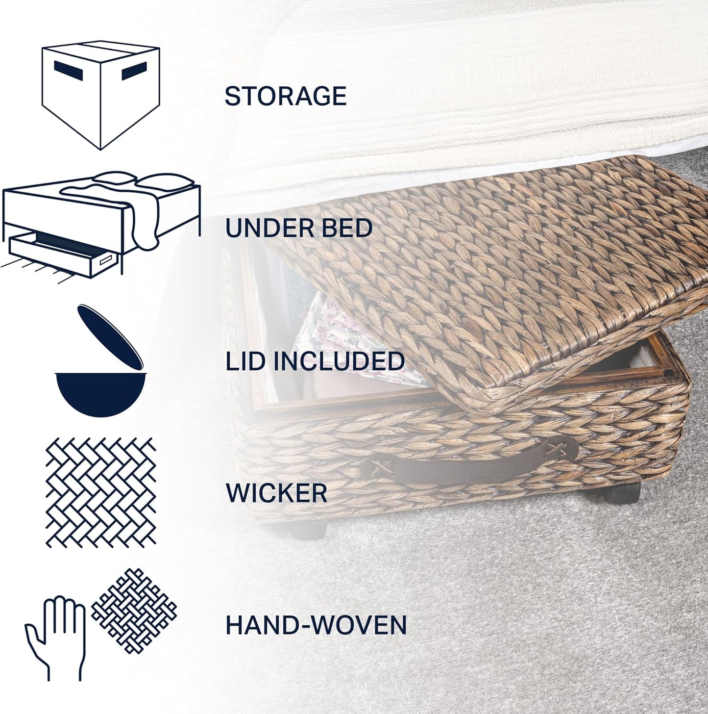 happimess BSK1006B 26.38" Chett Minimalist Hand-Woven Hyacinth/Wood Underbed Storage Bin with Wheels and Handles for Storage and Decoration in Bathroom, Bedroom,Closet,Entryway, Guest Room, Brown Wash