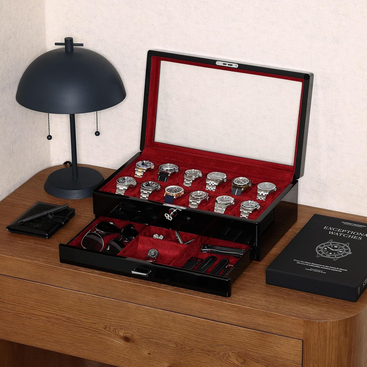 ROTHWELL 12-Slot Piano Black Watch Box with Valet Drawer - Premium Jewelry Display Case Organizer with Locking Glass Top and Microsuede Liner for Men & Women (Red Interior)