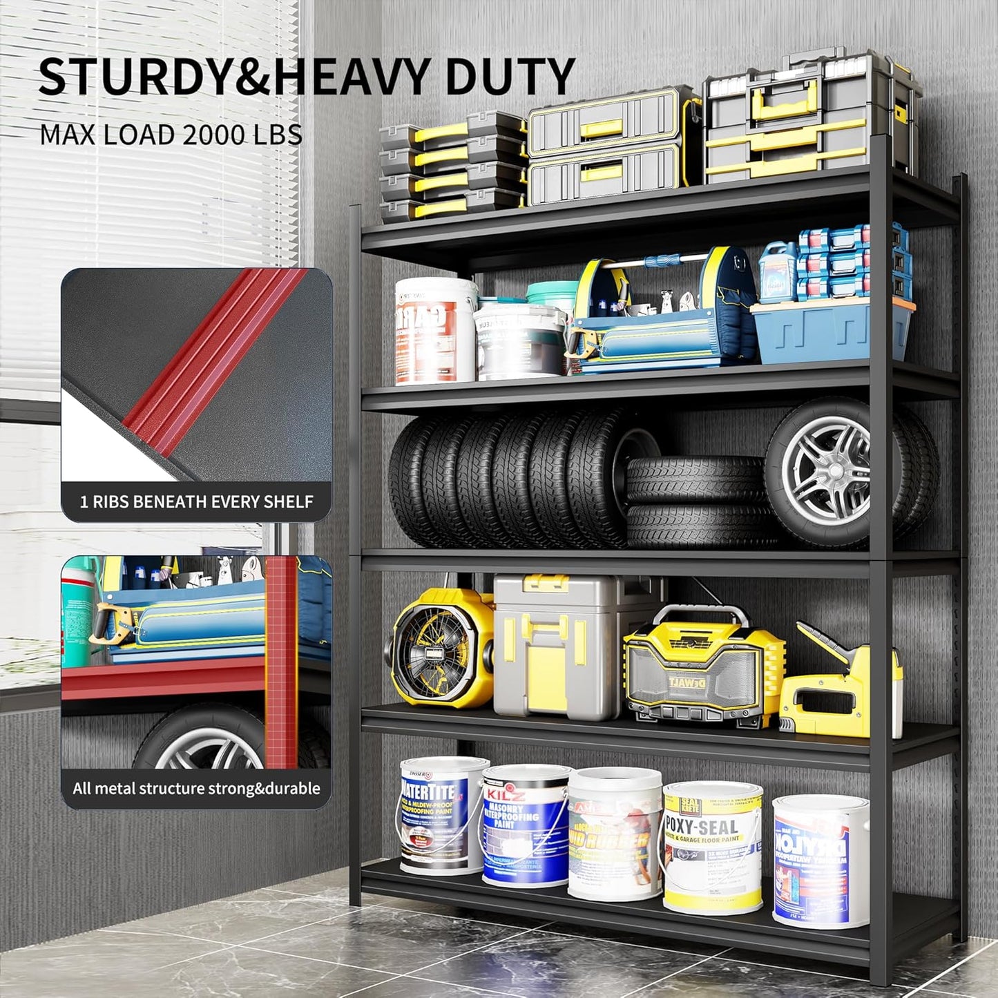 Metal Garage Shelving, Adjustable 5-Tier Heavy Duty Shelving, 3000 LBS Garage Shelving Unit and Storage，Heavy Duty Shelves for Basement,Warehouse，Kitchen (19.7" D*47.2" W*72" H)