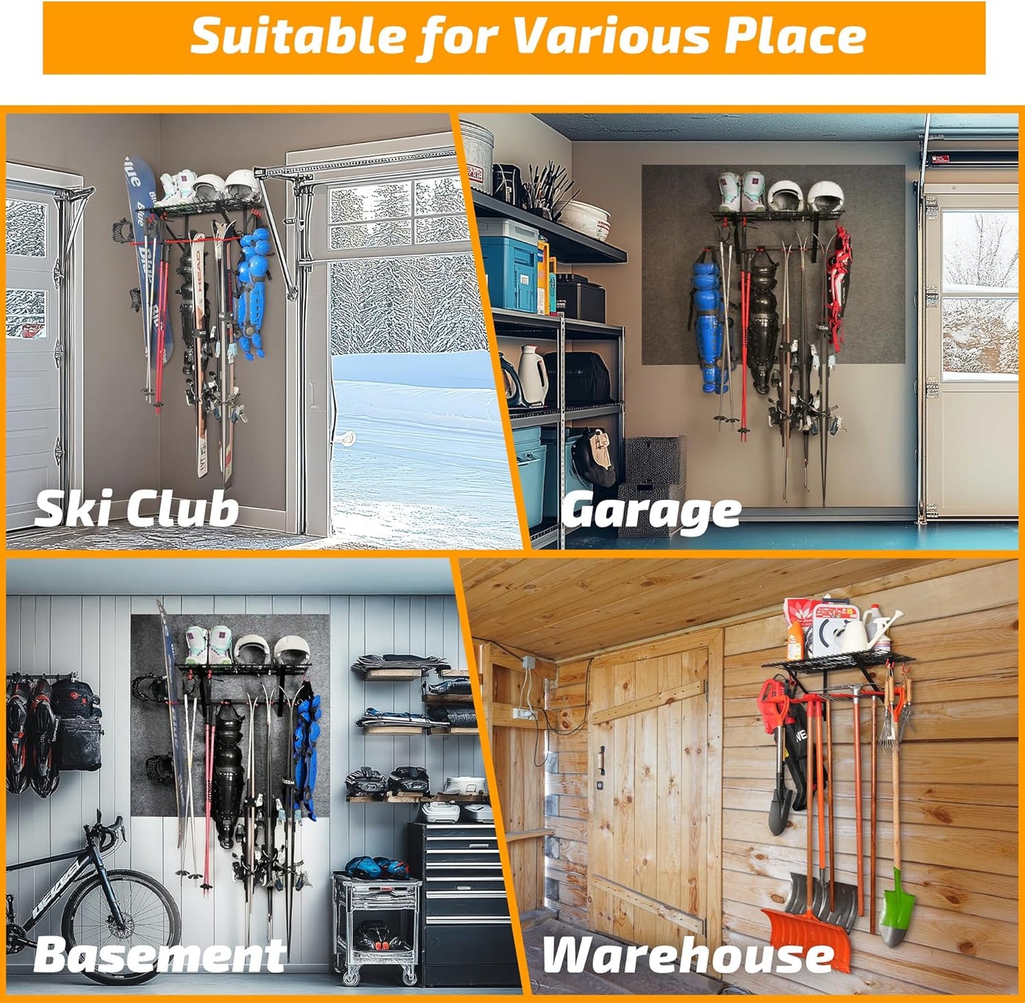PLKOW Wall-Mounted Ski Rack, Skis Storage Rack for Garage Shed with Top Storage Shelf, Customizable Spacing, Supports Up to 280 lbs, Steel, 1-Pack