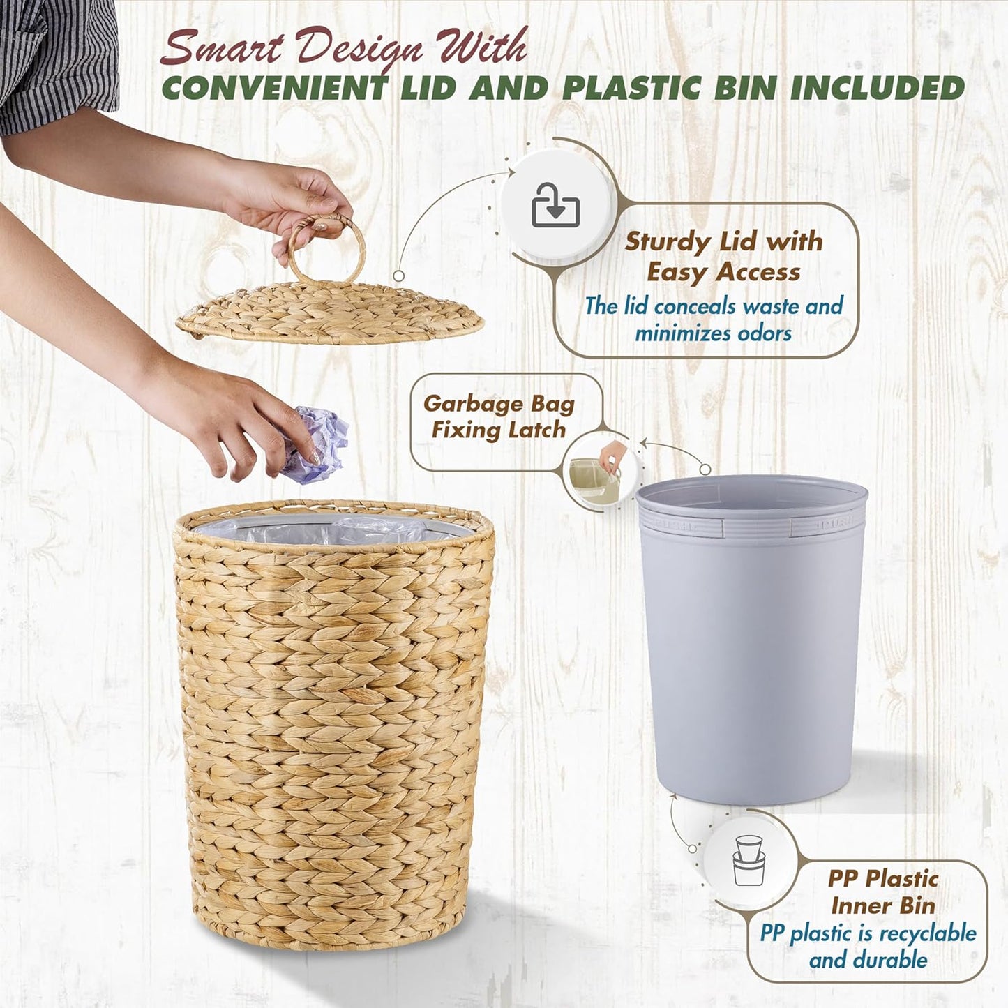 BLUEWEST 3 Gallons Wicker Trash Can with Lid and Removable Liner, Wicker Rattan Bathroom Trash Can, Large Woven Bin for Office, Hyacinth Waste Basket for Home Kitchen (Natural)