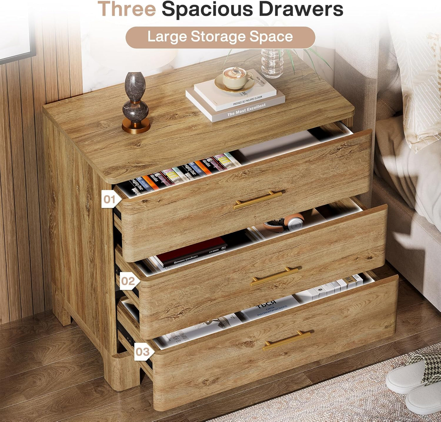 Tribesigns Extra Large Three Drawers Nightstands Set of 2, 31.5" Wooden Rustic Brown Bedside Table with Drawers Storage and Mental Handles for Bedroom, Easy Assembly (2)