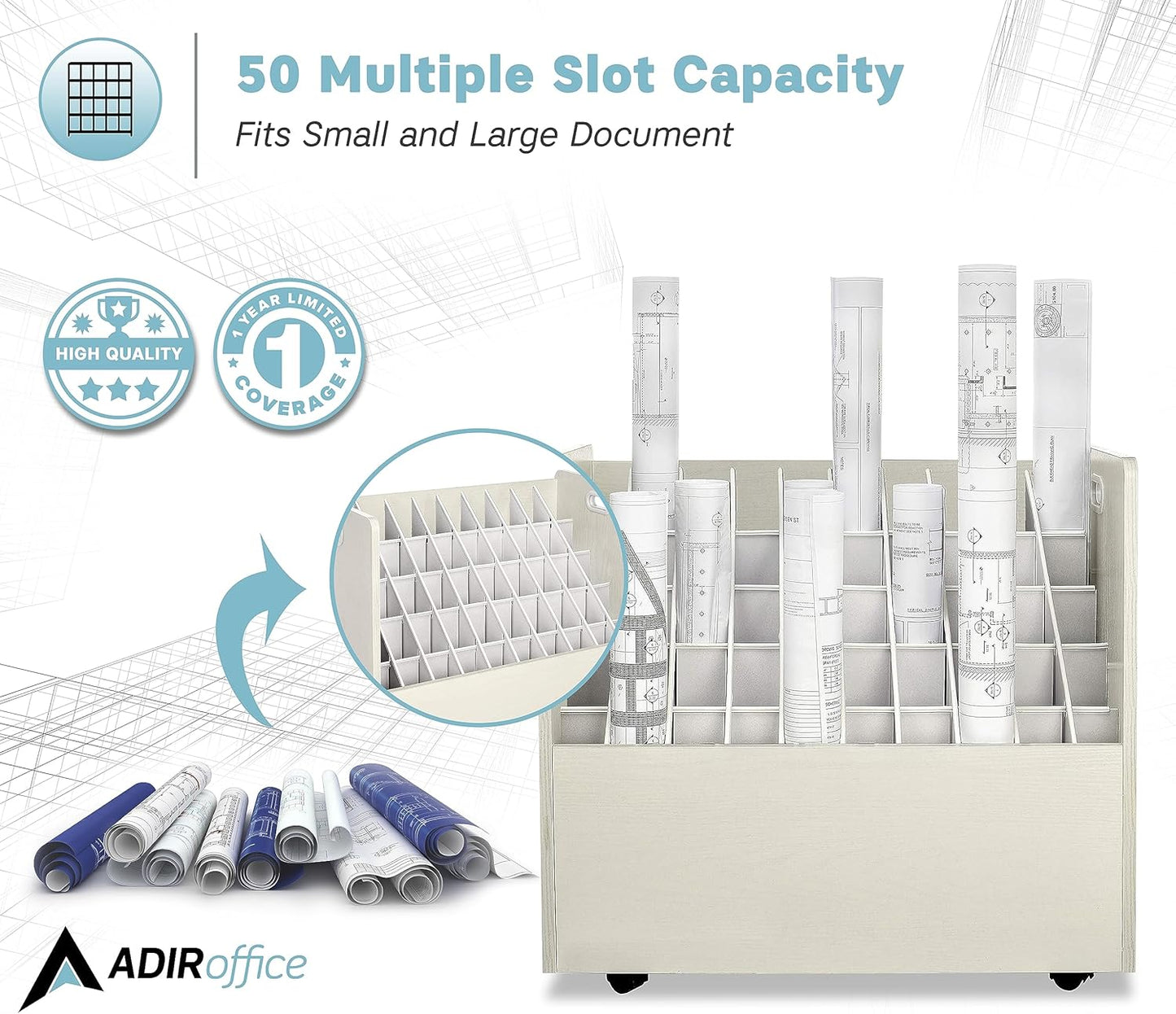 AdirOffice Adir Blue Print Storage Organizer - Mobile Roll File Cart, Construction Plan Holders, Blueprint Cabinet with Wheels, Roll Files Storage for Office and Home (50 Slots, White)