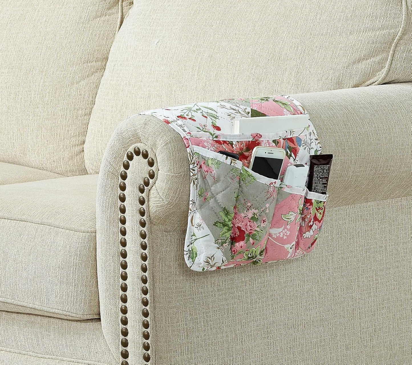Brilliant Sunshine Peach Flowers Patchwork Couch Armrest 5 Pockets Organizer, Slip Resistant Recliner Armchair Caddy, Washable Remote Controls Holder, Storage for Magazine, Tablet, iPad, Peach Olive