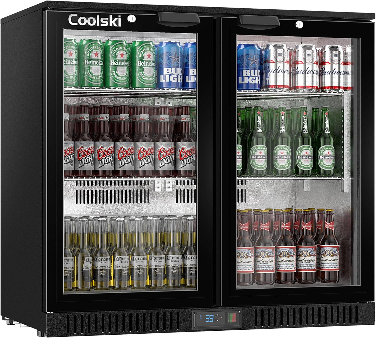 Coolski Back Bar Cooler Commercial Undercounter Refrigerator with 2 Glass Door, Bar Beverage Refrigerator for Beer Soda Wine 7.0 Cu.Ft. Capacity LED Lighting ETL NSF Approved, Black