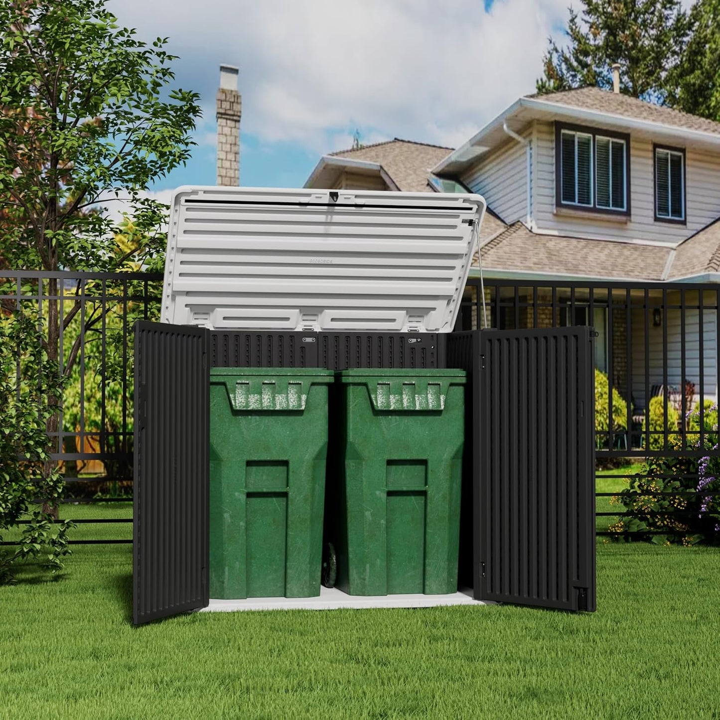 HOMSPARK Storage Shed Weather Resistance, Multi-Purpose Outdoor Storage Cabinet for Backyards and Patios, Horizontal Storage Shed for Lawnmower, Patio Accessories (Black & White, Large - 48 cu.ft)
