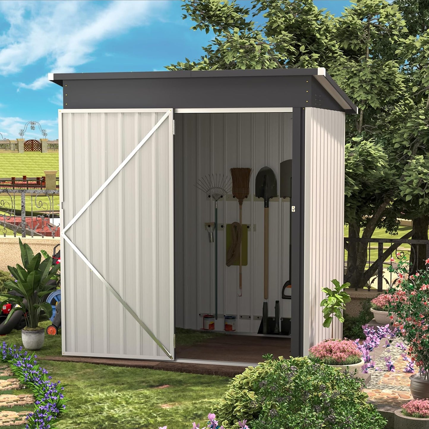 AECOJOY 5' x 3' Shed, Small Metal Sheds & Outdoor Storage Clearance 3x5, Small Metal Shed with Lockable Door, Utility and Tool Storage for Garden, Backyard, Patio, Outside use in White