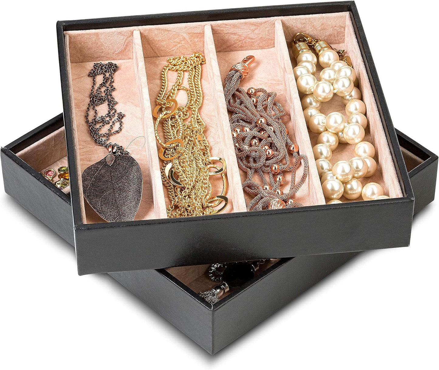 Glenor Co Jewelry Organizer Tray - Set of 2 - Stackable 8 Slots Jewelry Storage Trays - Display on Dresser or Drawer - for Necklace & Bracelet - Compatible with Other Trays - Black