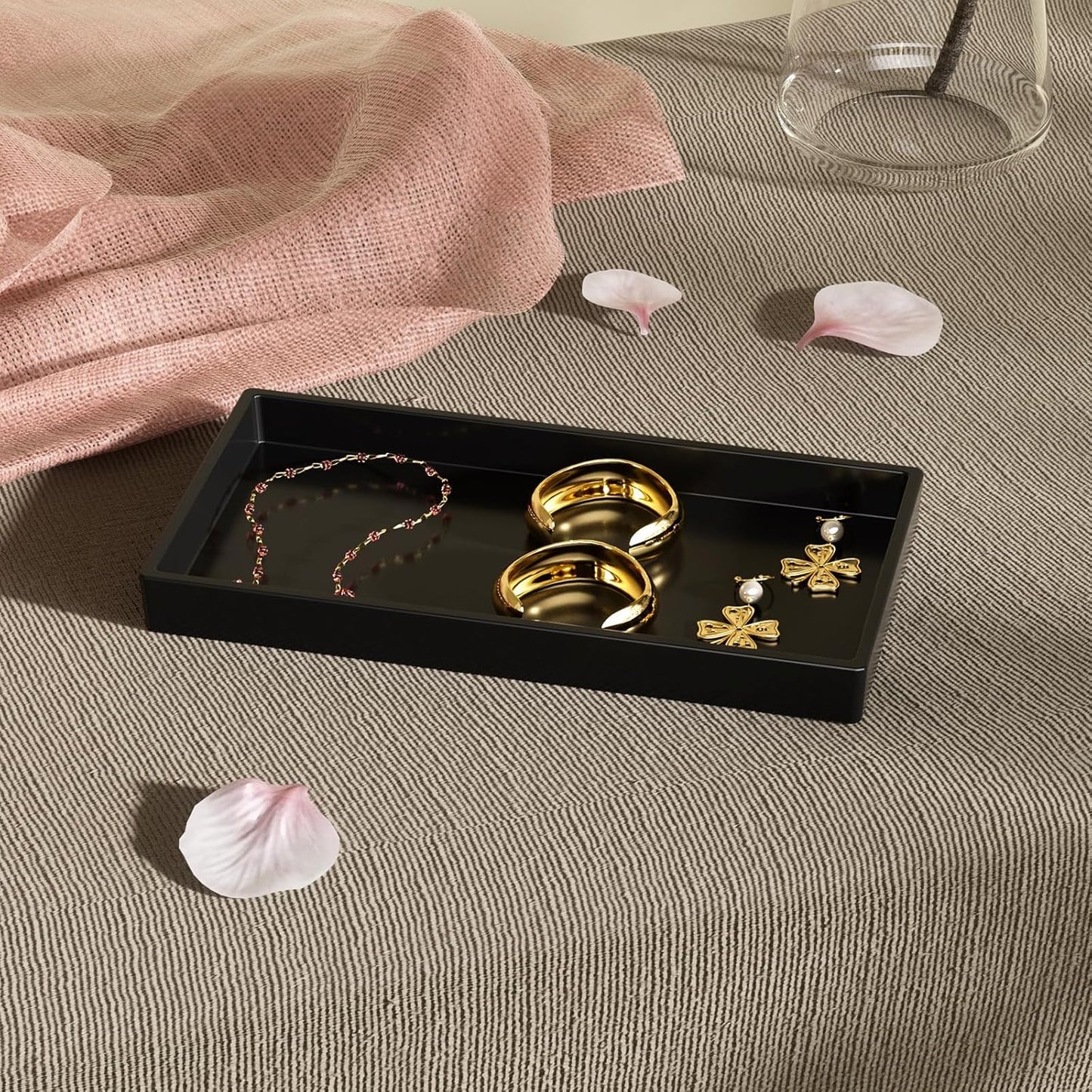 Vanity and Bathroom Tray, 7.7" ABS Countertop Organizer,Waterproof Vanity Tray for Toilet Tank,Perfume,Soap,Keys,Bathroom Accessories,Kitchen and Bath Trays,Non Slip Small Trays,Black