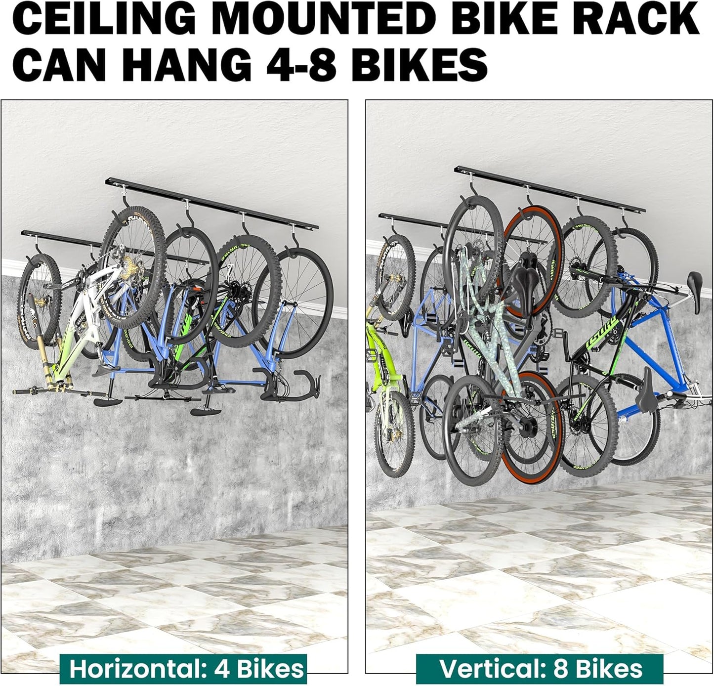 EVERHANGER Ceiling Bike Storage Racks for Garage, Indoor Bike Storage Hanger with Adjustable Bike Hooks for 4 to 8 Bikes