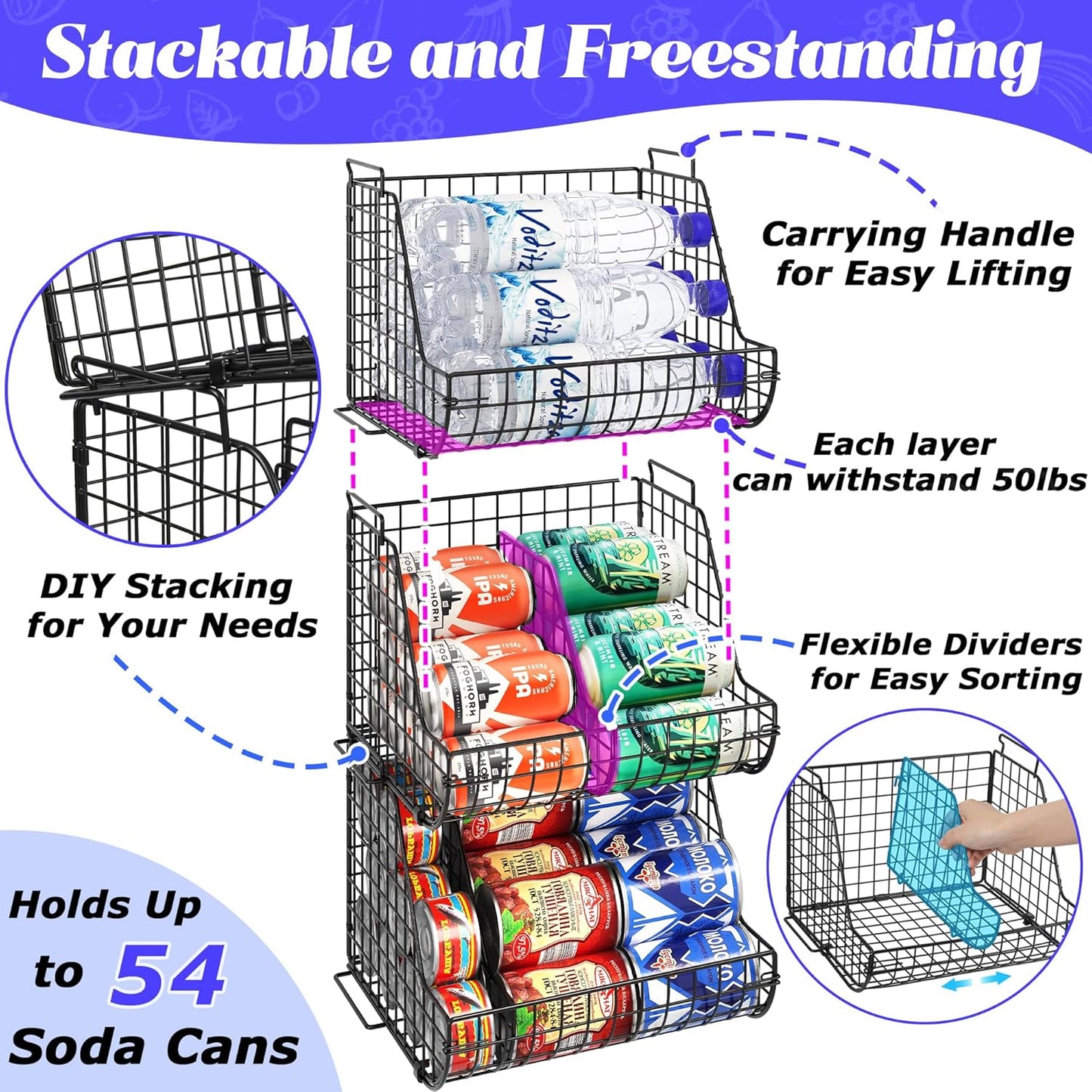 Stacking Can Dispensers 3 Tier with 3 Divider, Large Pantry Can Organizer, Beverage Drink Pop Soda Can Storage Basket, Can Holders for Pantry, Canned Food Rack Wire Bins for Kitchen Cabinet (3-Pack)