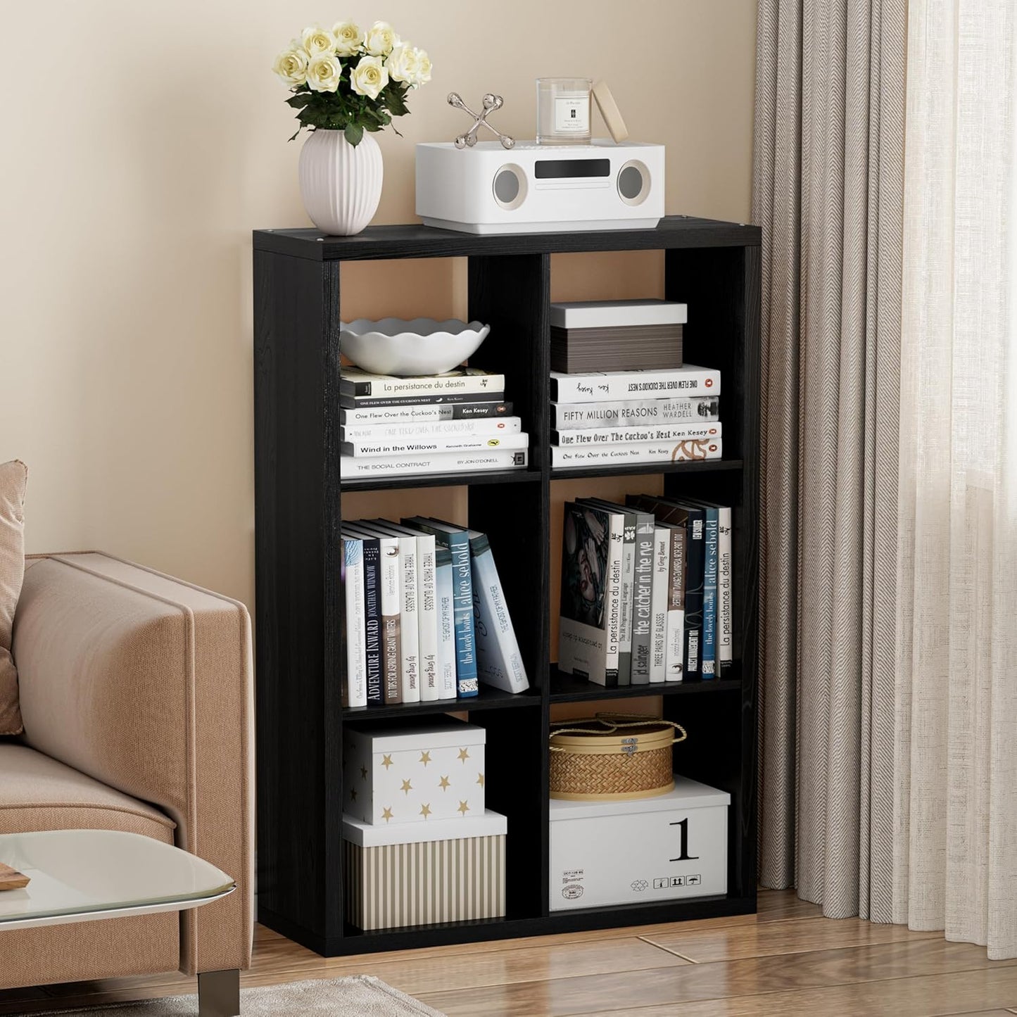Cube Storage Organizer Bookcase, Decorative 11 inch Open Back Cubical Shelf with Thickened Border, Display Bookshelf for Living Room, Home Office, Sturdy Room (Black, 6 Cube)