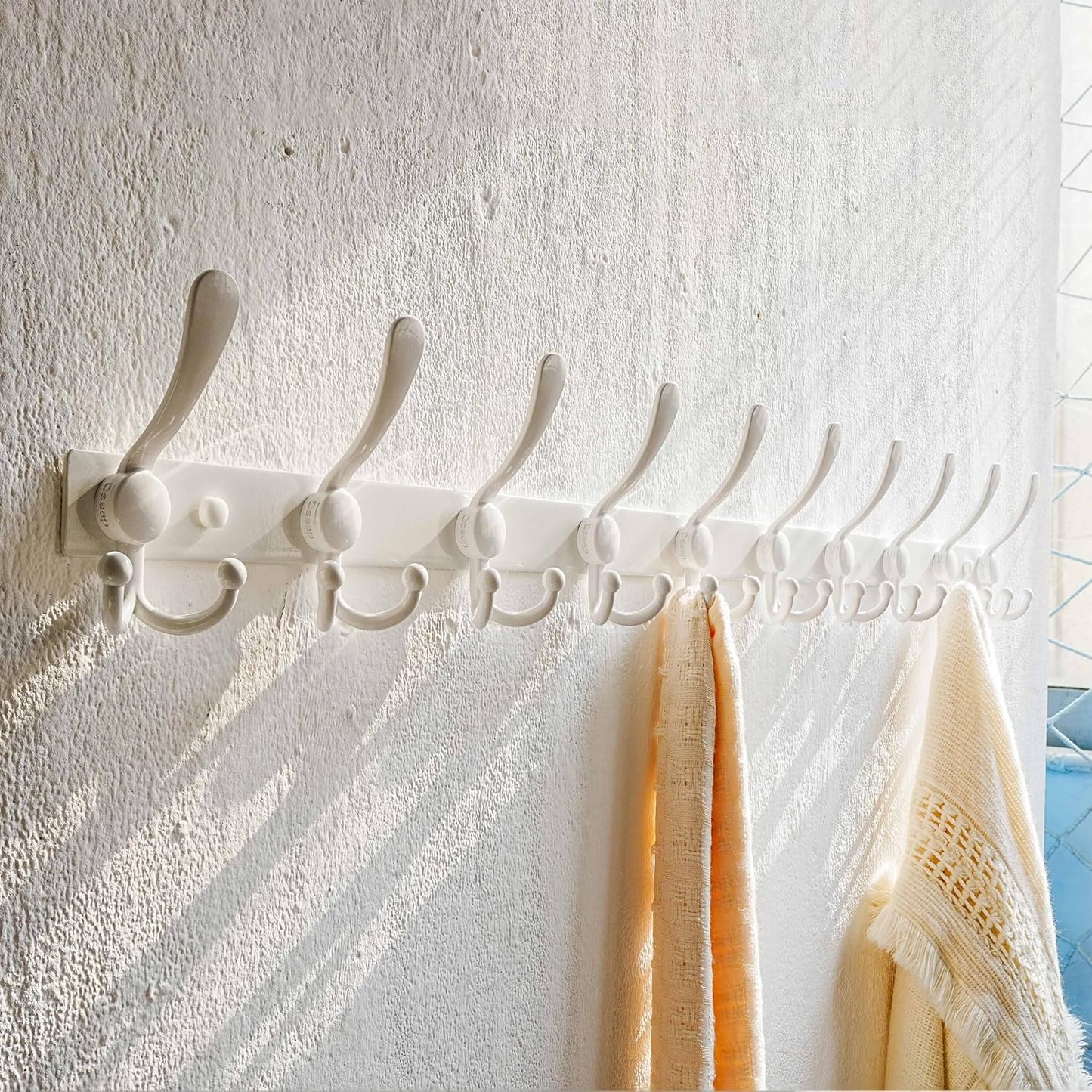 Dseap MaxStrong 2.0 Coat Rack Wall - 37” Long 10 Tri Hooks - Ultra Heavy-Duty Stainless Steel Wall Mount Coat Hanger, Hook Rail for Clothes Hats Jacket Towels White, Pack of 2