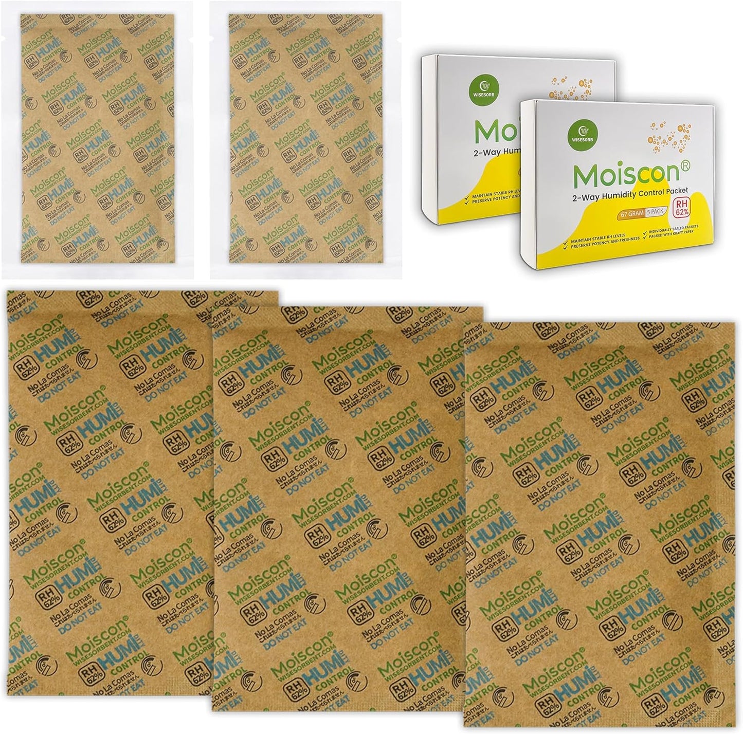 Size 67 62% Two-Way Humidity Control Packs for Storing 1 lb, 67 Gram 10 Pack Moisture Control Packets Individually Wrapped, Humidifier Packs for Storage Containers