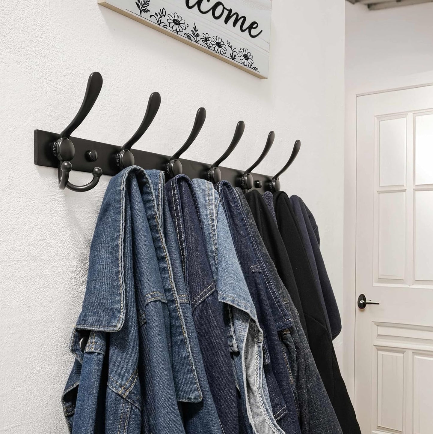 Dseap Coat Rack Wall Mount 2.0 Pro: 24” Long, 3X Tougher, Heavy Duty Stainless Steel Wall Coat Hanger with 6 Tri Hooks for Clothes Jackets Hats Entryway Closet, Black, Pack of 2