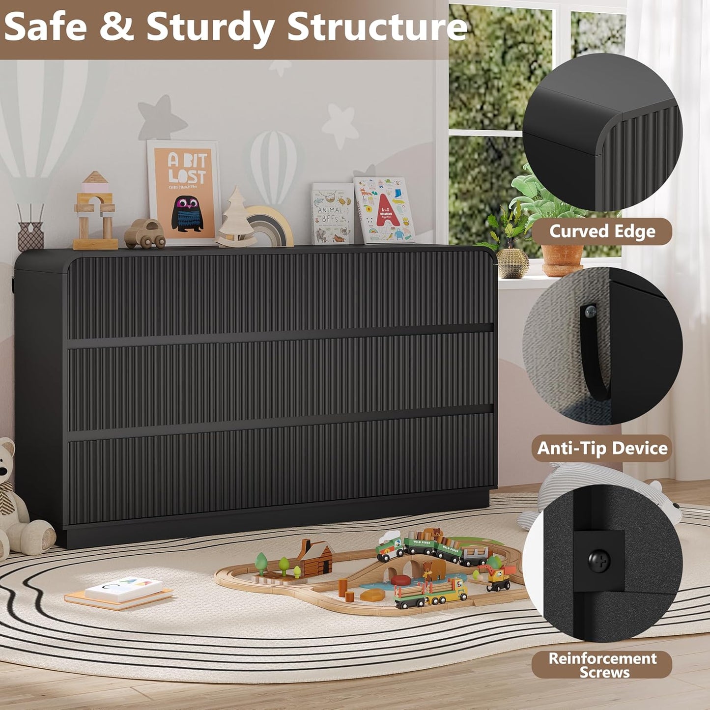 Dresser for Bedroom with 9 Drawers, Fluted Chest of Drawers with Round Curved Corner, Hidden Handles, Modern Wood Storage Organizer for Bedroom, Nursery, Living Room