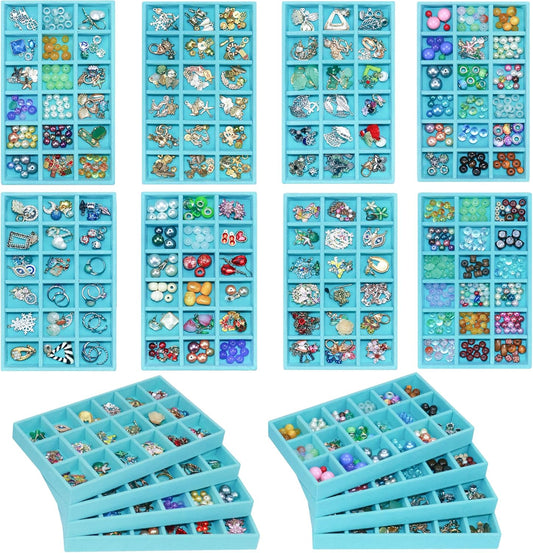 12 Pack Stackable Velvet Jewelry Organizer Trays for Drawers Earring Organizer Inserts Necklace Storage Ring Bracelet Display Case, 216 Grids, Blue