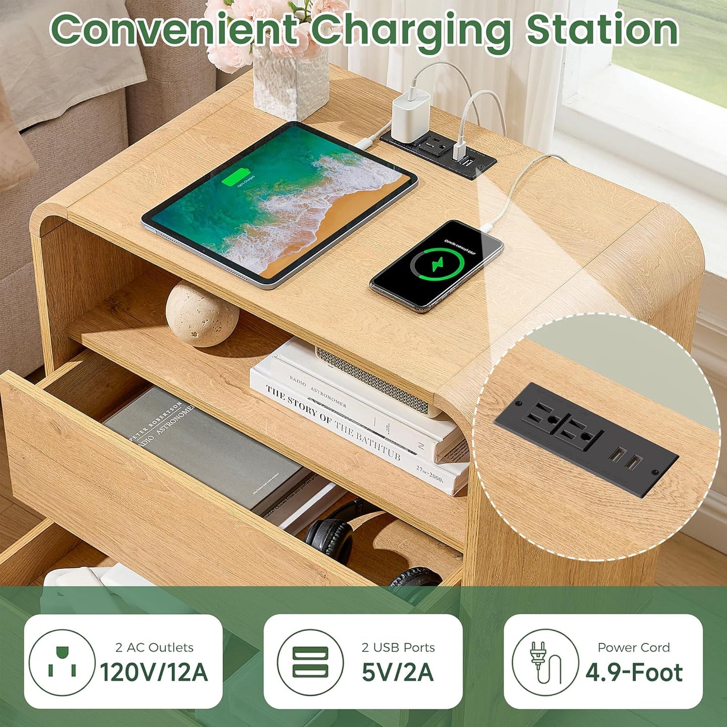 Curved Night Stand Set of 2, 23.2" Large Wood Farmhouse Nightstand with Charging Station & 2 Storage Drawers Bedside Table, Modern End Table for Bedroom, Living Room, Natural