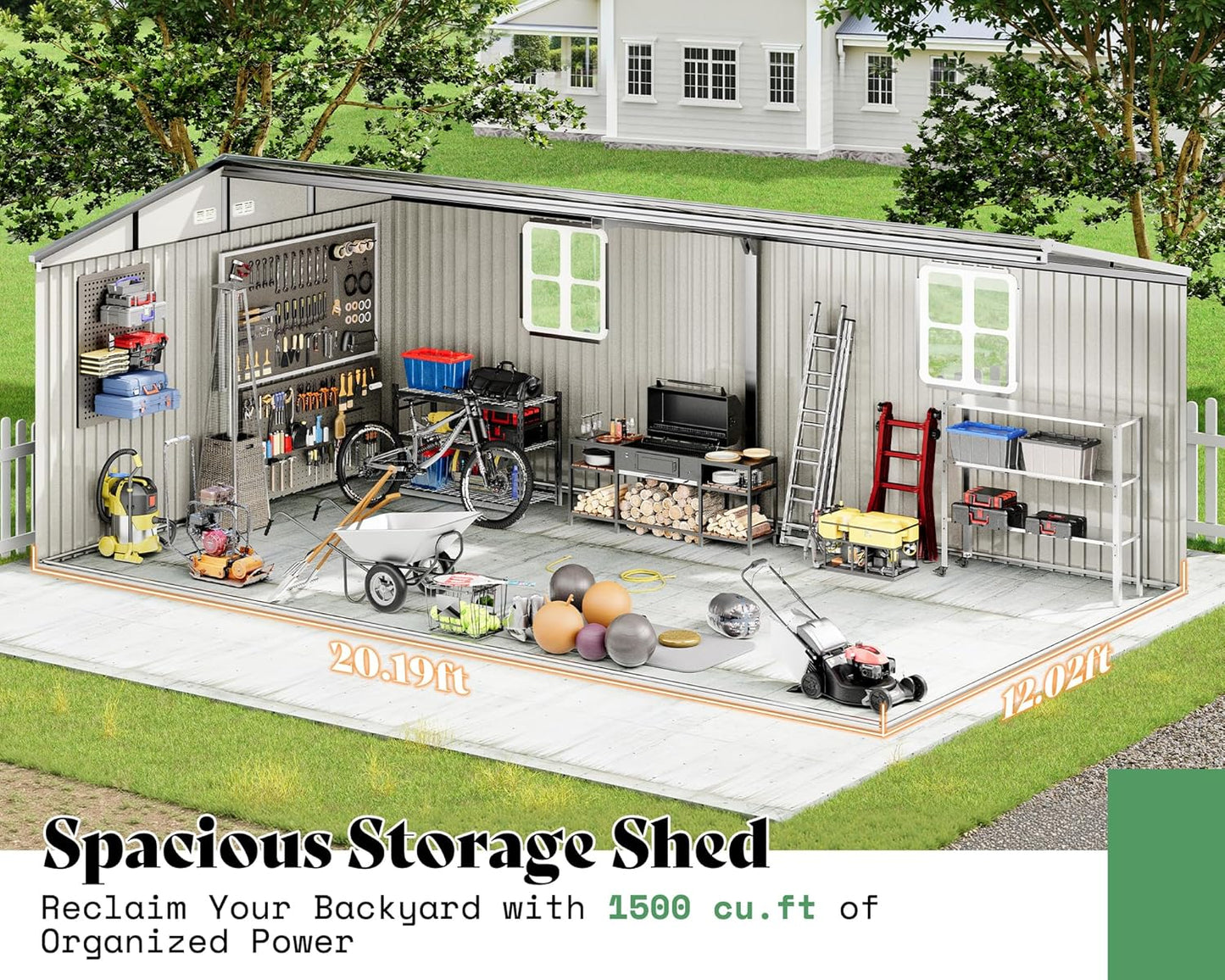 VanAcc 12x20x7.2 FT Outdoor Storage Shed with 2 Transparent Panels, Metal Garden Shed with Hinged Double Doors, Windows & Vents, Reinforced Steel Frame for Backyard Garden, DIY Workshop, Dark Gray