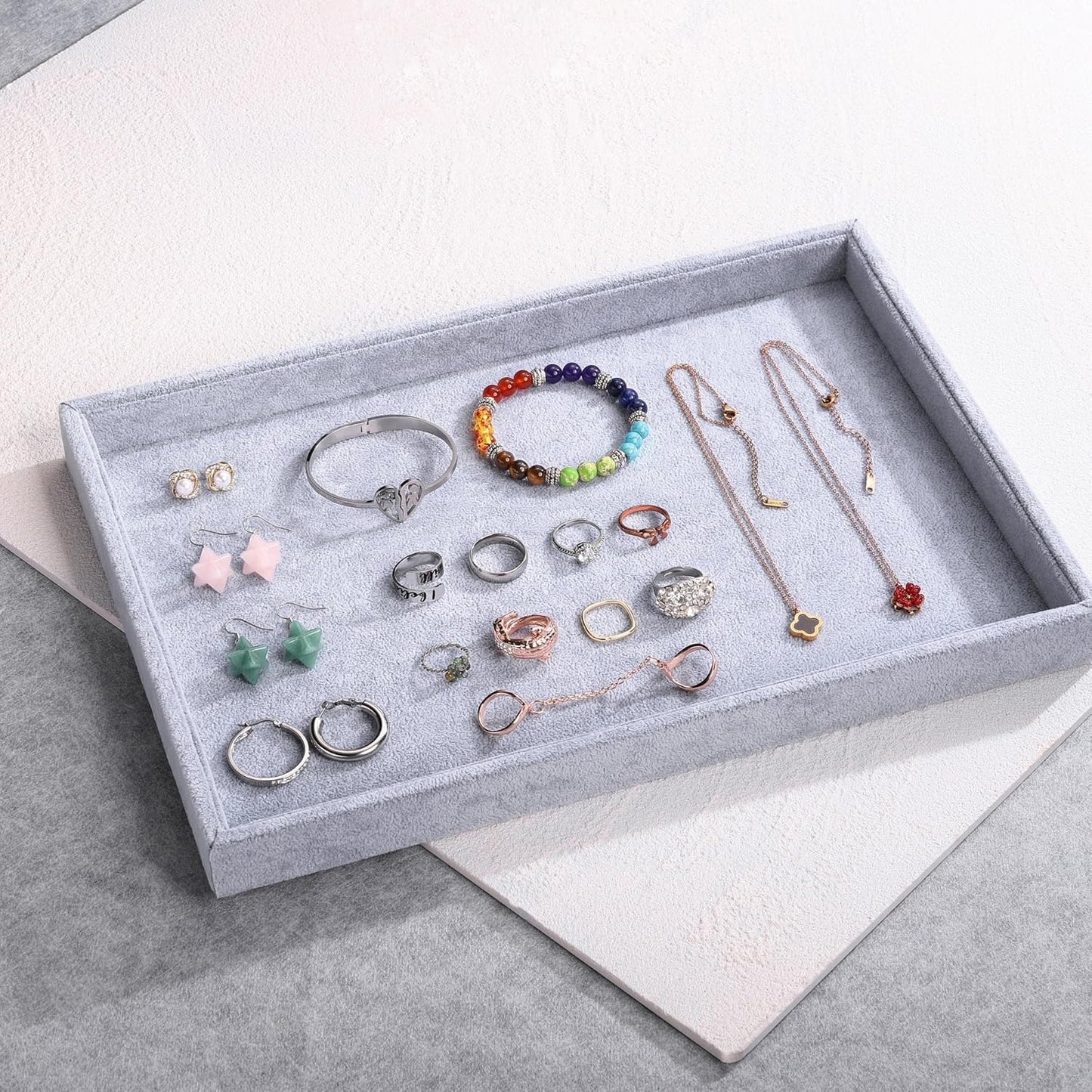 Mornajina 13.8" x 9.5" Velvet Jewelry Tray Jewelry Display Tray, Stackable Empty Plate Trays for Earrings Necklaces Bracelet Rings Display Showcase - Grey