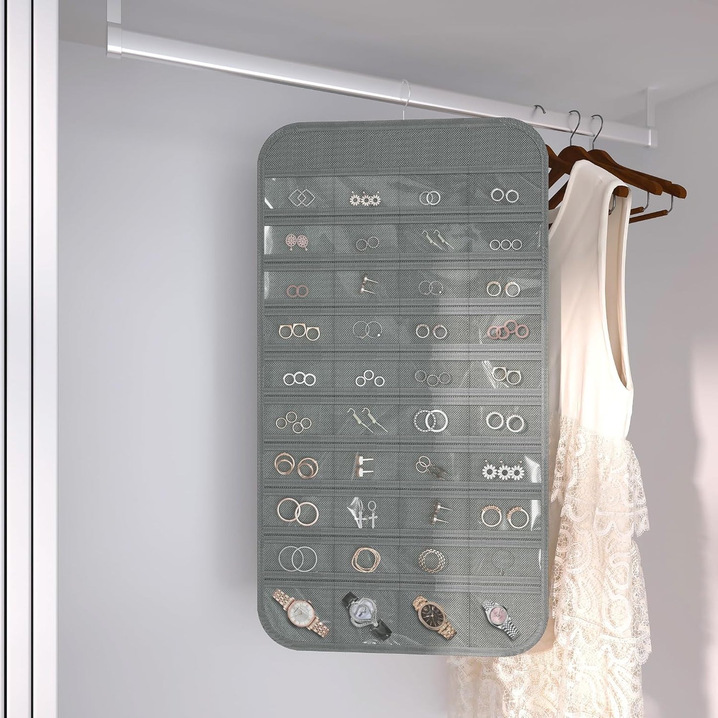 Hanging Jewelry Organizer Storage, 40 Pockets 36 Hooks Necklace Earring Necklace Bracelet Ring Organizer, Double - Sided Design, Grey