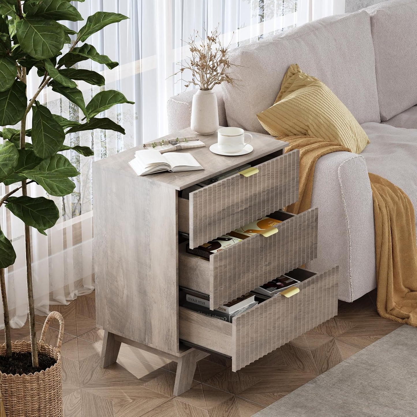 Night Stand Set 2, Bedside Table & End Table, Mid Century Modern Fluted Wood Nightstand with 3 Drawers & Metal Handles, Farmhouse Nightstand for Bedroom, Grey