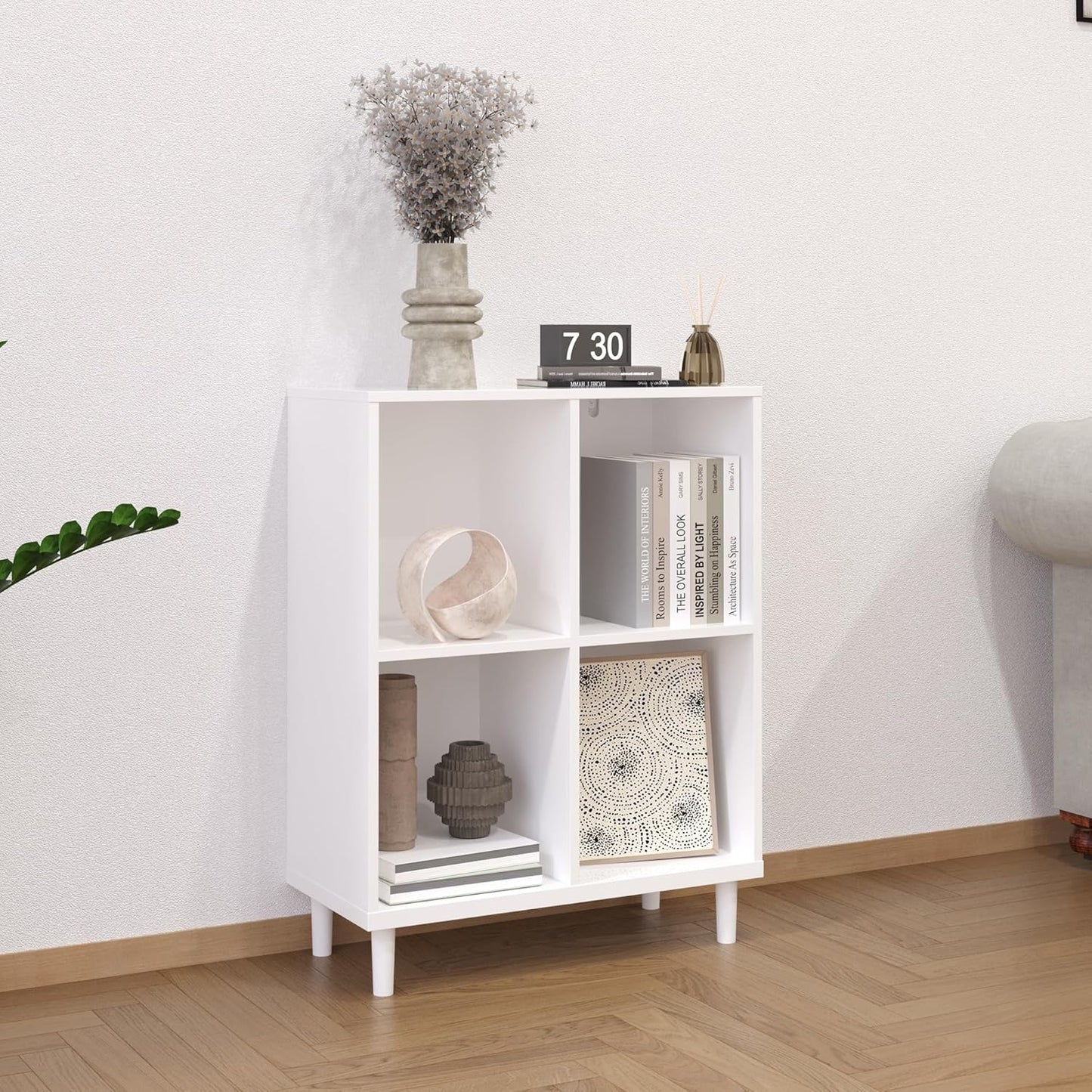 Wood Cube Storage Organizer White Bookshelf - 2-Tier Freestanding Storage Cabinet with Legs for Home Office, 4-Cubes Open Shelf