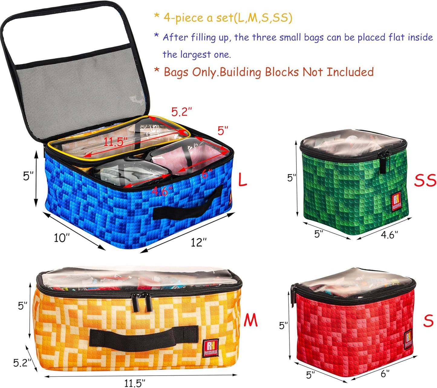 4-piece Kids Toy Storage Organizer Set Bag for Toy Building Bricks with See Through Clear TPU Top, Small Toy Packing Cube Bags, Clean Up Container case (grid pattern)