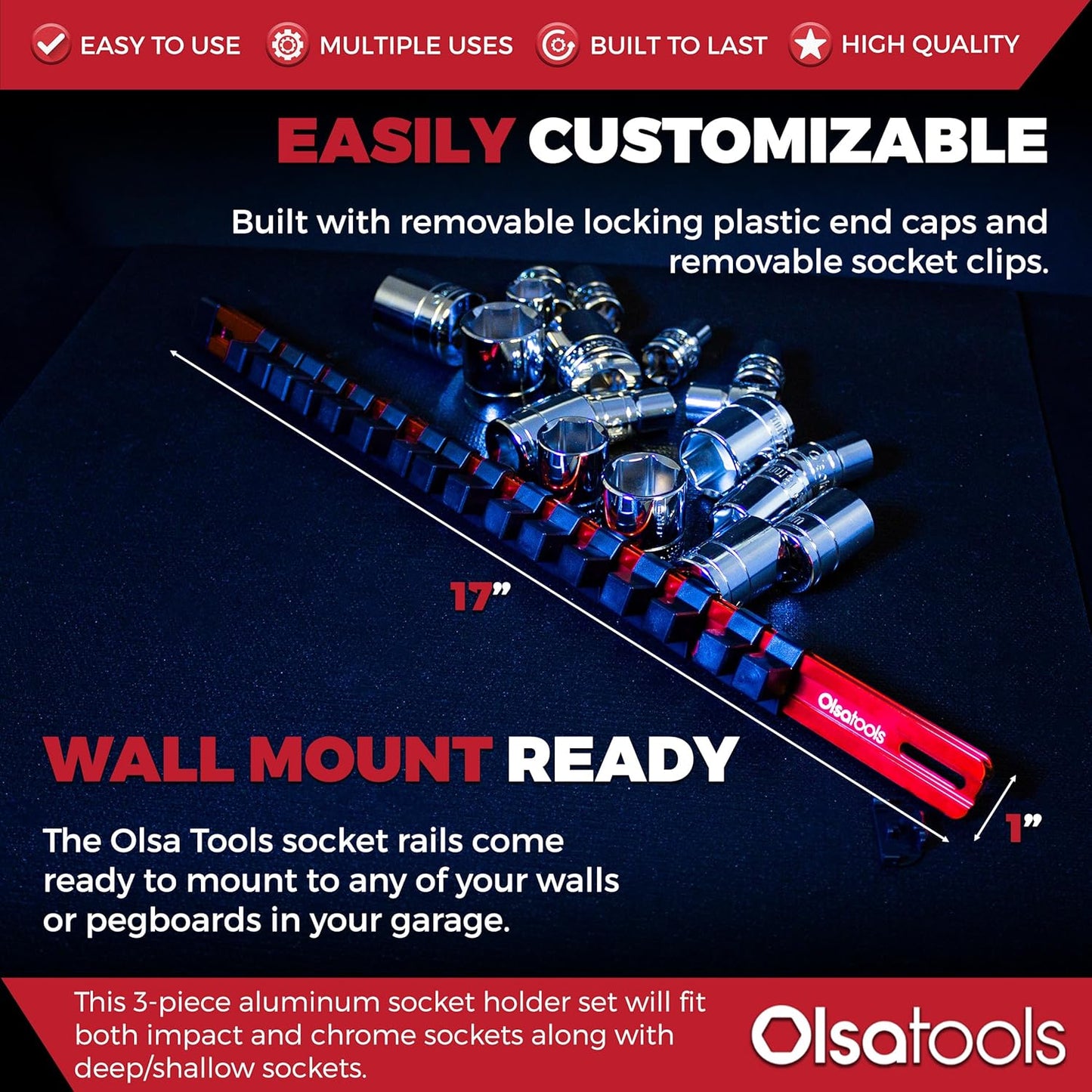 Olsa Tools 3-Pc Set Aluminum Socket Organizer | Locking End Caps | 1/4-Inch, 3/8-Inch, 1/2-Inch Drive Socket Holders with 24, 18, 16 Clips Each (Red)