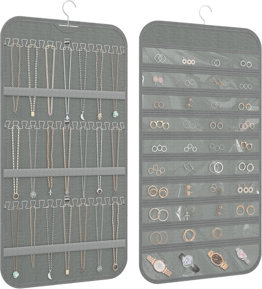 Hanging Jewelry Organizer Storage, 40 Pockets 36 Hooks Necklace Earring Necklace Bracelet Ring Organizer, Double - Sided Design, Grey