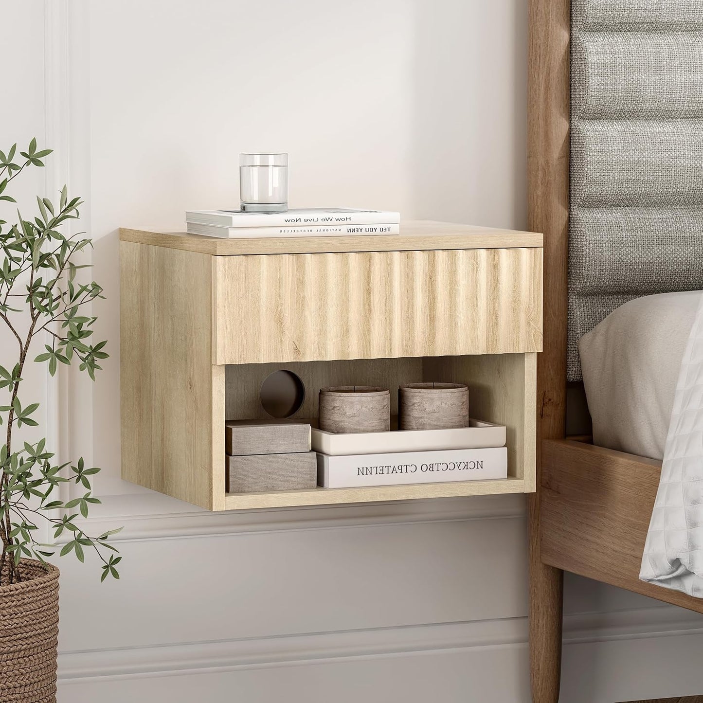 Floating Nightstand with Drawer and Open Shelf, Small Wall Mounted Bedside End Table, Modern Fluted Night Stand for Bedroom, Living Room, Light Oak