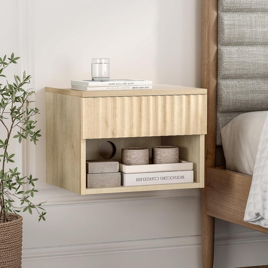 Floating Nightstand with Drawer and Open Shelf, Small Wall Mounted Bedside End Table, Modern Fluted Night Stand for Bedroom, Living Room, Light Oak