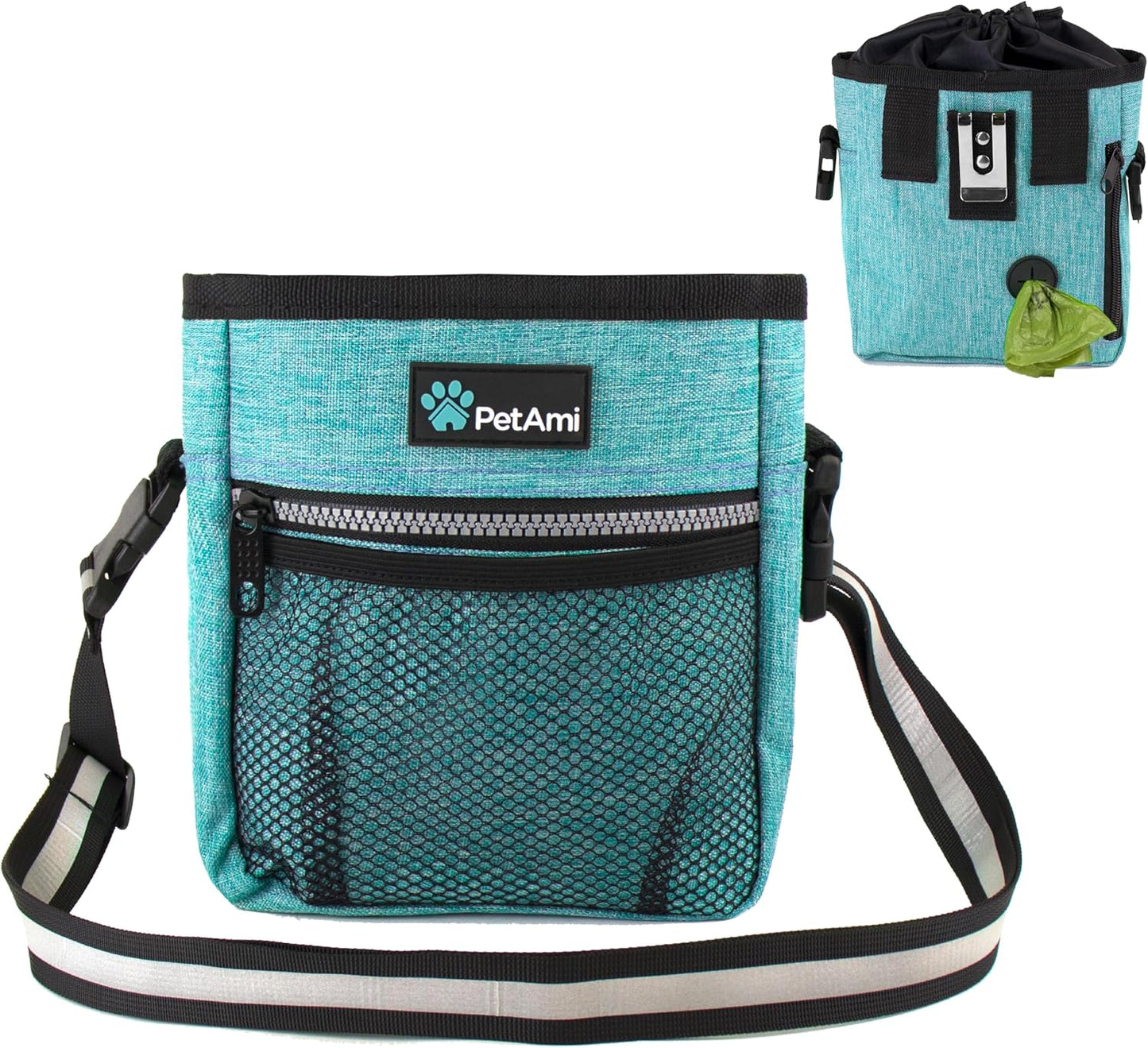 PetAmi Dog Treat Pouch | Dog Training Pouch Bag with Waist Shoulder Strap, Poop Bag Dispenser | Treat Training Bag for Treats, Kibbles, Pet Toys | 3 Ways to Wear (Turquoise) | No bowl included