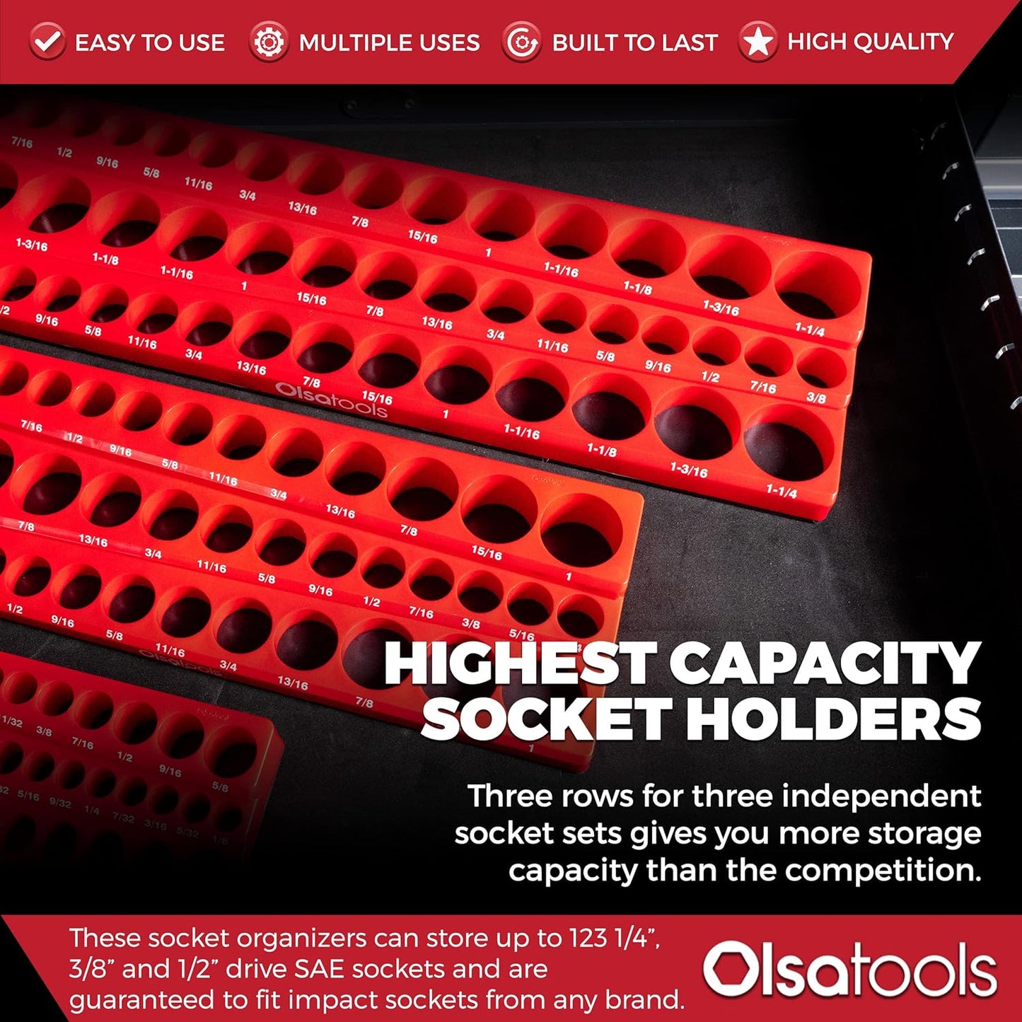 Olsa Tools Magnetic Socket Organizer | 3pc Socket Holder Kit | 1/2-Inch, 3/8-Inch, & 1/4-Inch Drive | Socket Organizers For Toolboxes | Red | Holds 123 | Professional-Grade Tool Organizer | Part 1560