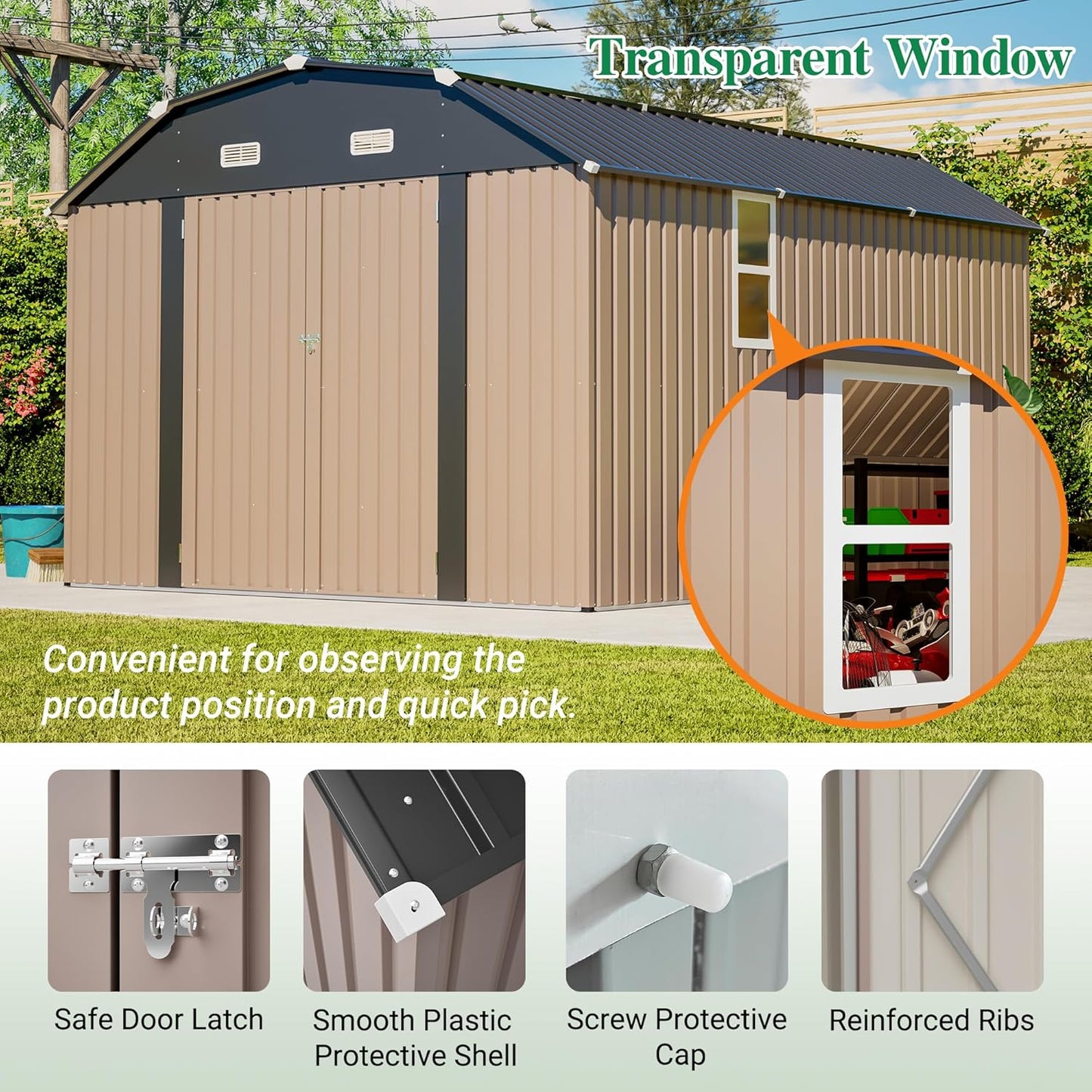 Large Outdoor Storage Shed, 10' X 12' Metal Galvanized Steel Garden Sheds with 4 Vents & 2 Windows, Utility Tool Shed for Backyard, Patio, Lawn,Brown