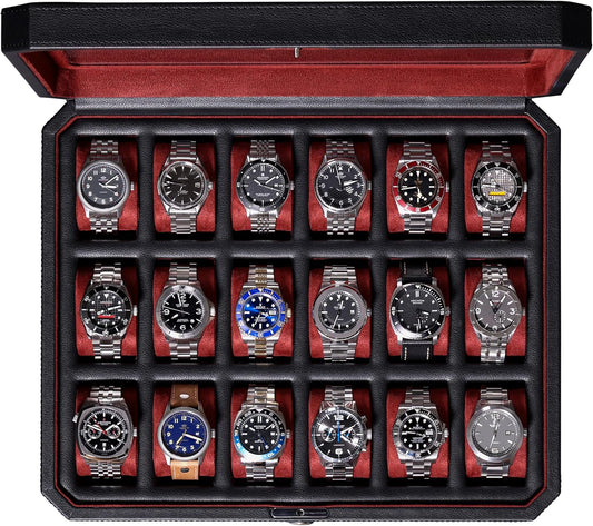ROTHWELL 18-Slot Watch Case – Luxury Watch Box for Men, Real Glass Top, Lockable, Elegant Display for Collections (Black/Red)