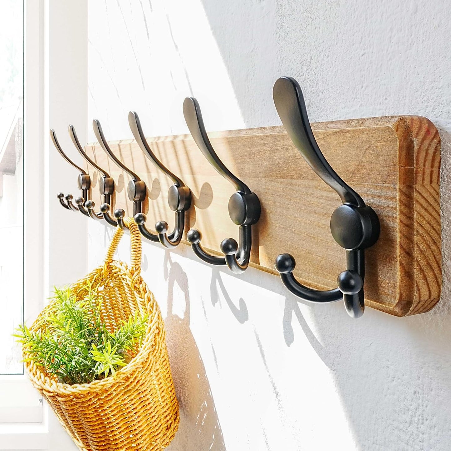 Dseap Coat Rack Wall Mounted - 24" Long 6 Tri Hooks, Heavy Duty Wooden Wall Coat Hanger Coat Hook for Clothes Hat Jacket Clothing, Weathered Yellow and Black