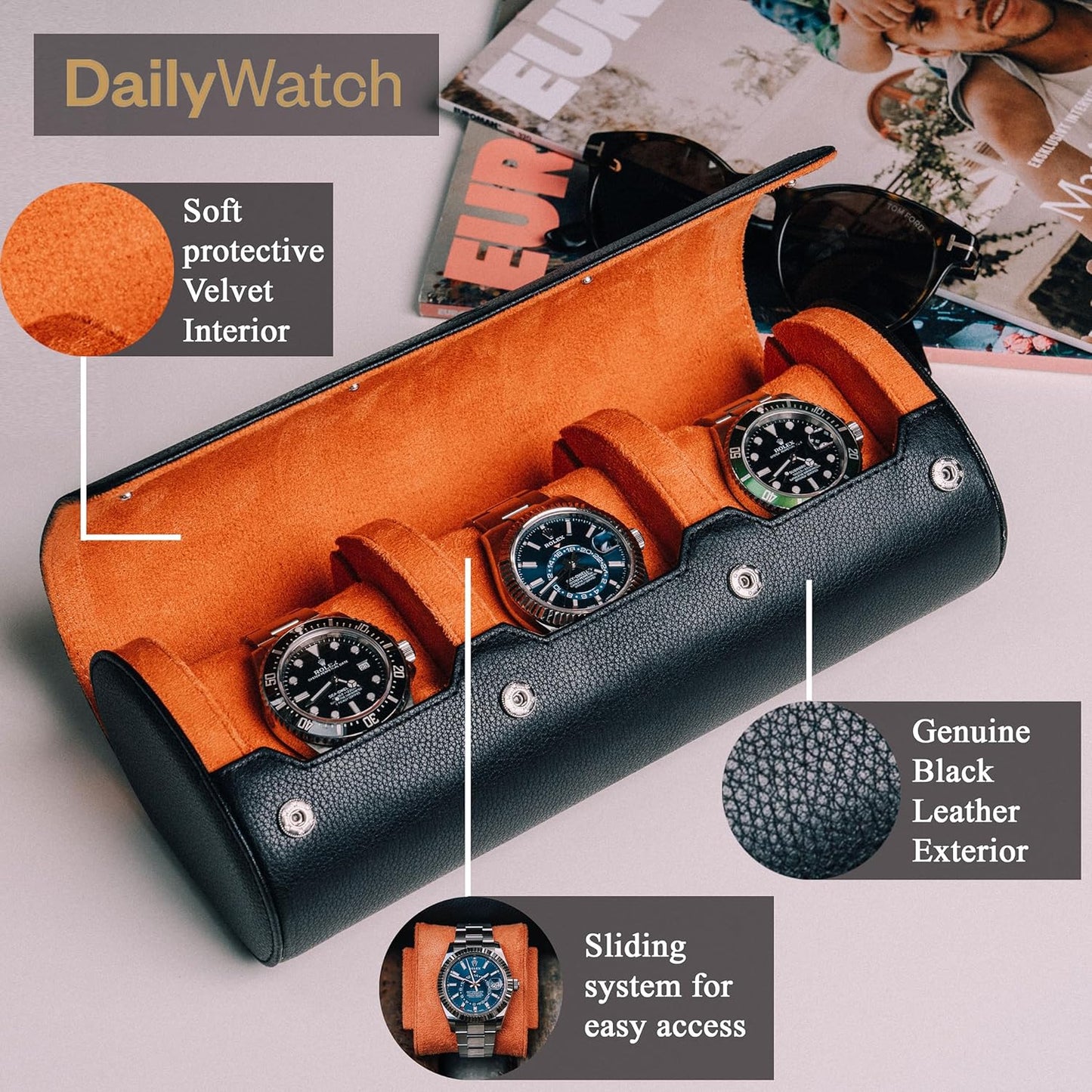 DailyWatch | Personalized Watch Roll Travel Case For 3 Watches - Handmade Genuine Leather Travel Case With Custom Engraving of Name or Initials - Black Orange