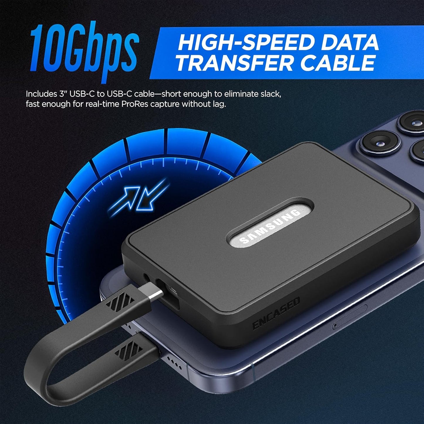 Encased Magnetic Case for Samsung T7 Portable SSD (Fits 1TB/2TB/4TB Capacity) with High Speed (10Gbps) Data Transfer Cable - Compatible with MagSafe (Black)