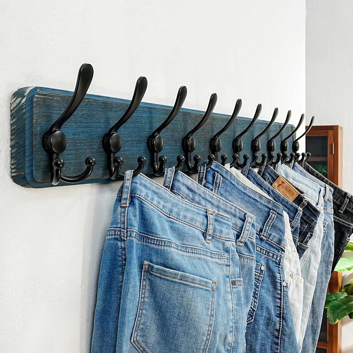 Dseap Coat Rack Wall - Heavy-duty 38-1/4" Long, with Reinforced 10 Custom Tri-Hooks, Solid Wood Wall Hanger for Coats Hat Jackets - Rustic Farmhouse Entryway Storage, Weathered Blue & Black, Pack of 2
