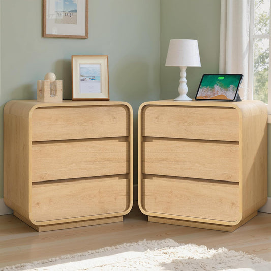 Natural Curved Nightstand Set of 2, 23.2" Large Wood Bedside Table with 3 Drawers, Charging Station, Modern Side Table, Mid-Century End Table Night Stand for Bedroom Sofa,