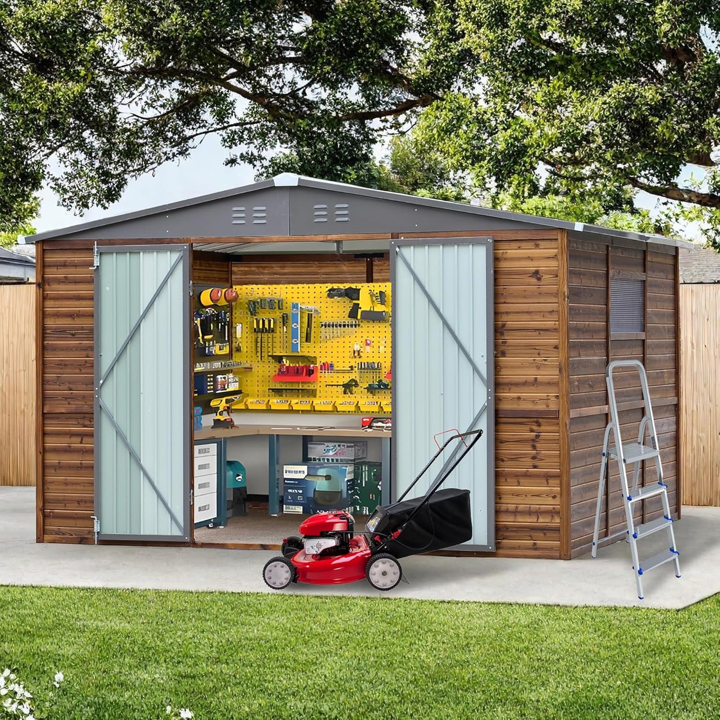 10x8 FT Wood Storage Shed, Outdoor Storage Shed with Lockable Door, Window & Vents, Waterproof Wooden Metal Tool Storage for Garden, Lawn, Backyard, Patio