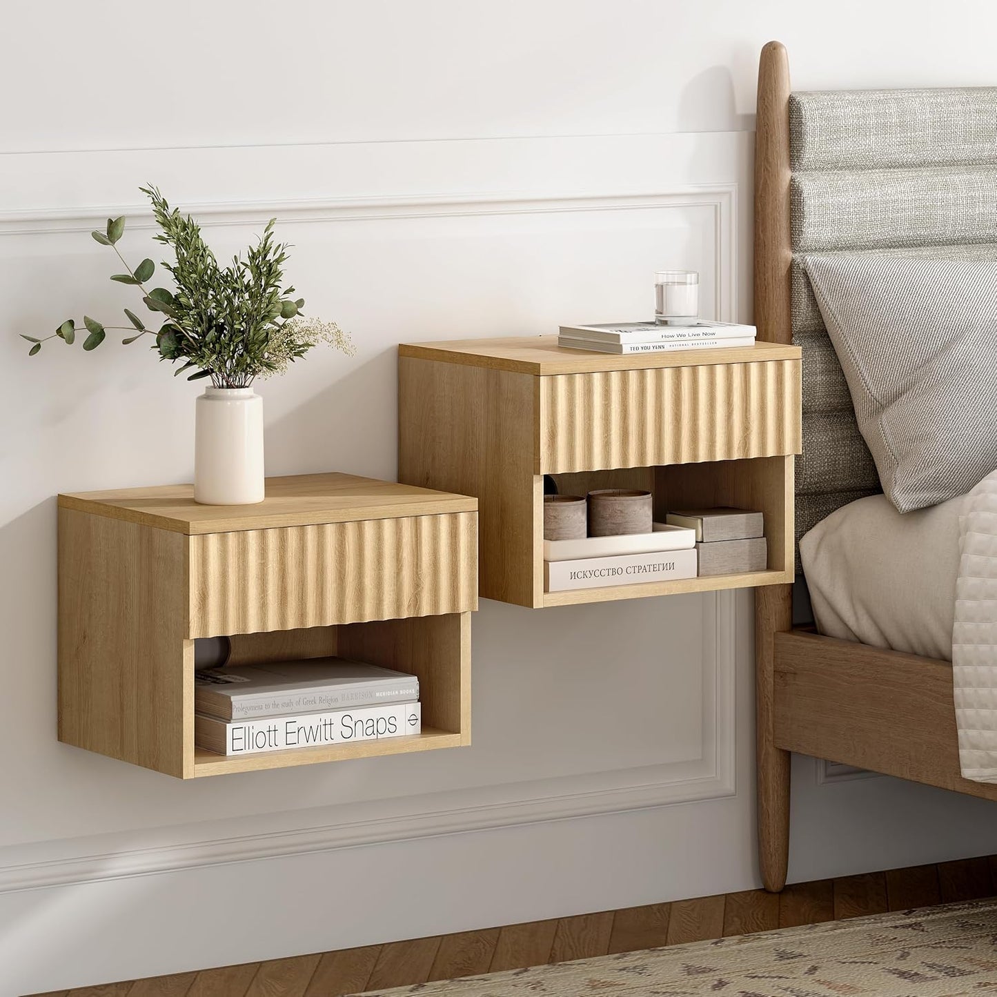 Small Floating Nightstand Set of 2, Modern Fluted Night Stand with Drawer and Open Storage Shelf Wall Mounted Bedside Tables Natural Oak