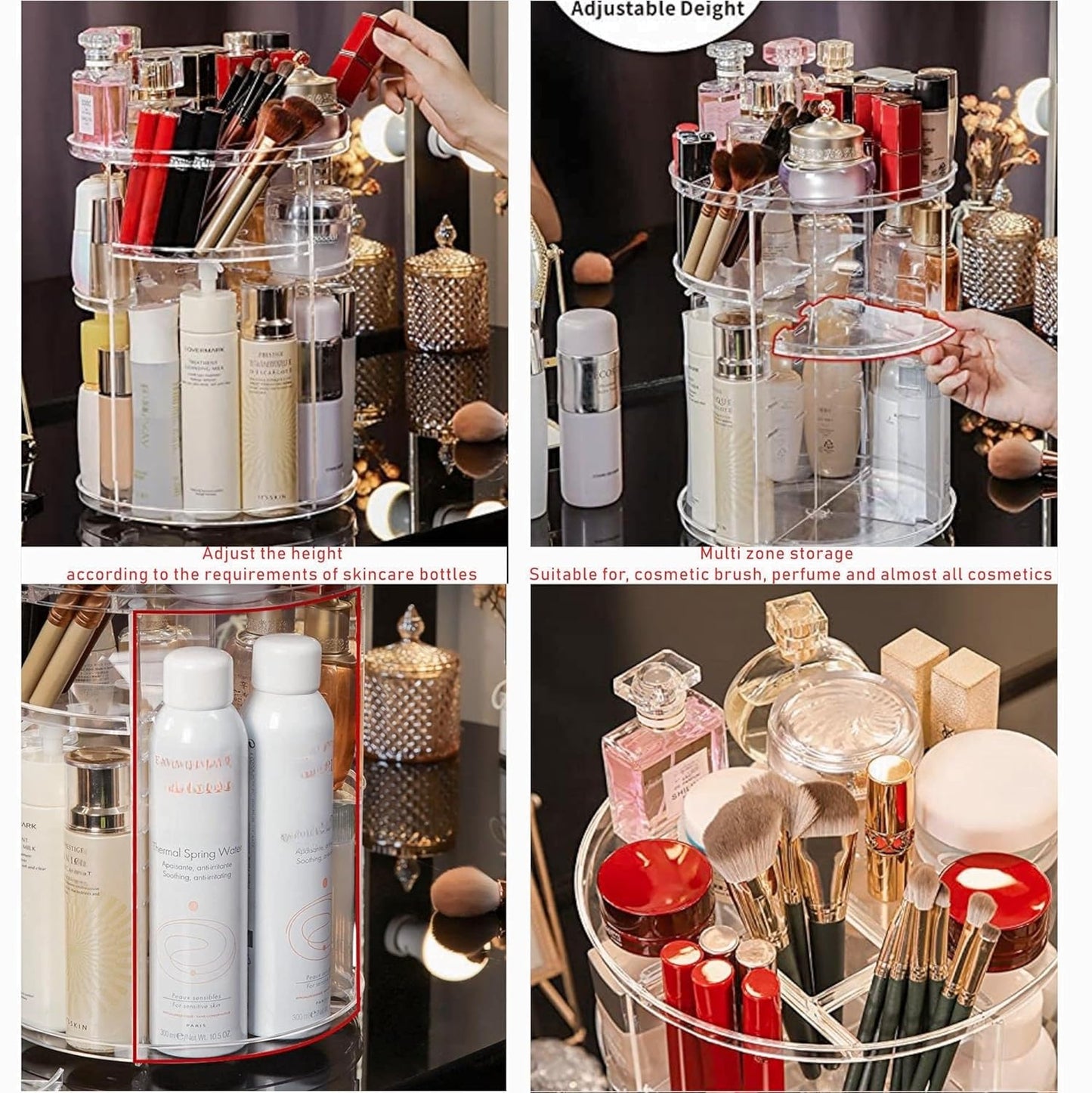 Clear Rotating Makeup Organizer for Vanity,Adjustable Skincare Organizer Countertop,Cosmetic Display Cases for Beauty,Skin Care,Spinning Makeup Stand,Make up Storage Organizer and Perfume organizer