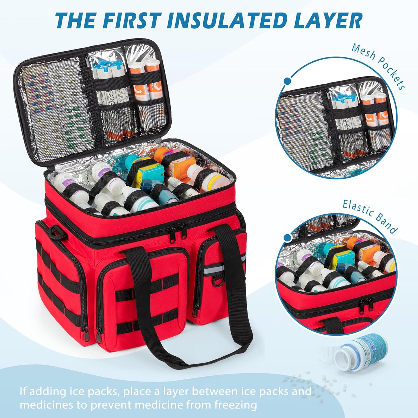 Medicine Organizer Bag with Insulated Pocket for Travel, Pill Bottle Storage Bag with 4 Customized Dividers & Shoulder Strap for Medication, Insulin and First Aid Supplies, Red (Bag ONLY)
