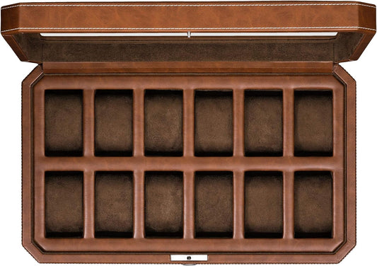 ROTHWELL 12 Slot Leather Watch Box - Luxury Watch Case Display Organizer, Microsuede Liner, Locking Mens Jewelry Watches Holder, Men's Storage Boxes Holder Large Glass Top (Tan/Brown)