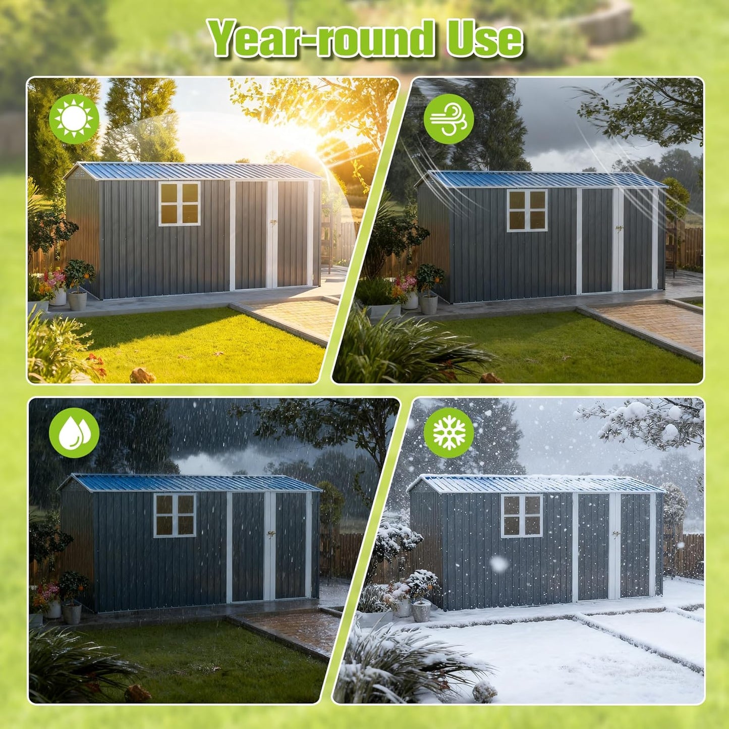 12' x 8' Outdoor Storage Shed with Floor, Waterproof Metal Garden Shed with Windows, Lockable Doors, and Sloped Roof for Patio, Backyard, Lawn, Tool Storage